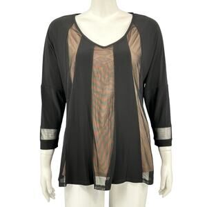 Joseph Ribkoff Top Womens 8 Black Nude Mesh Pullover V-Neck‎ Stretch 3/4 Sleeves